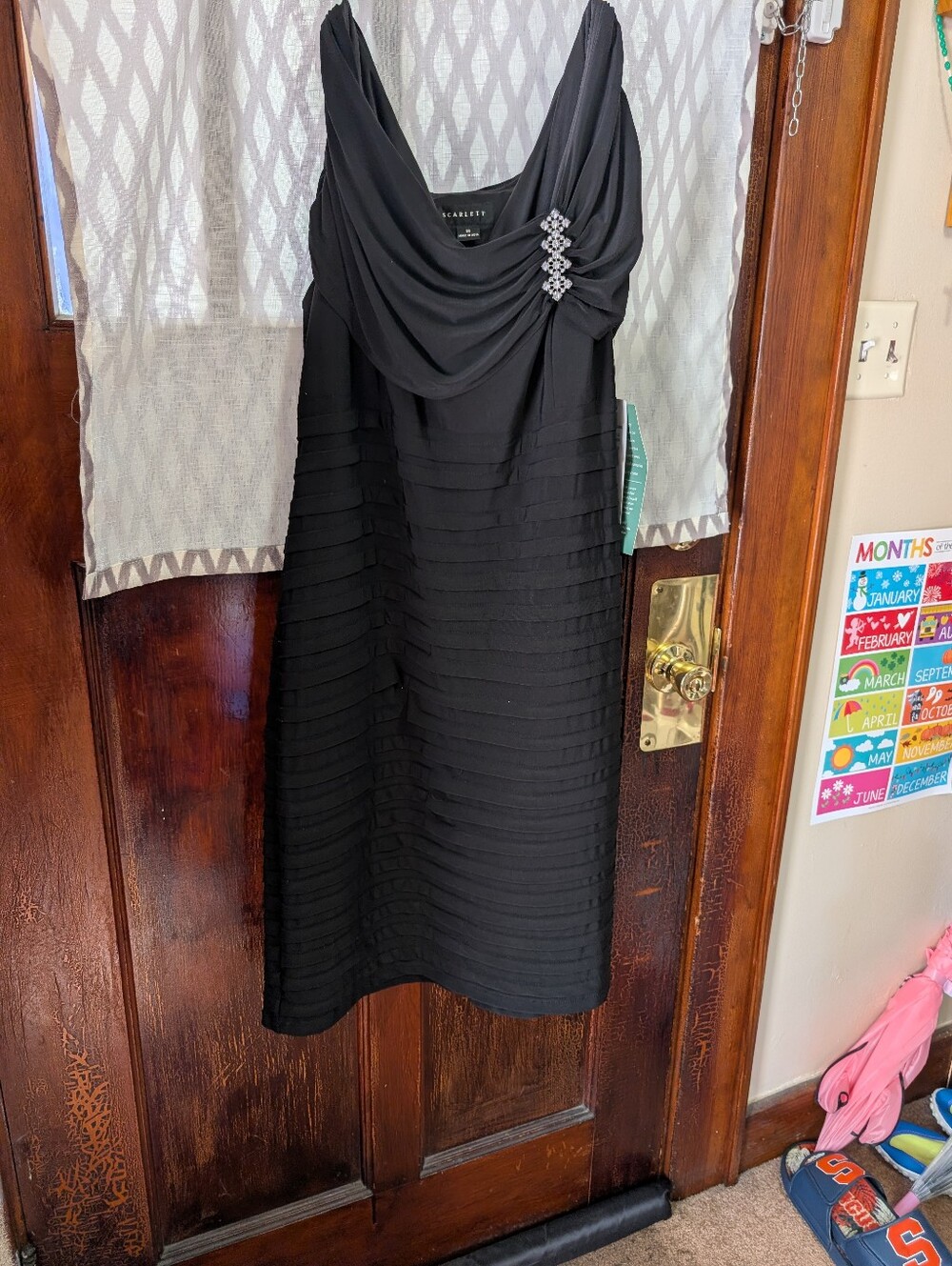 Scarlett Black Draped Midi Dress with Rhinestone Accent